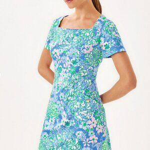 NWOT The Short Sleeved Lilly Shift Dress Size 4 Sunwashed Blue Plumes In Bloom